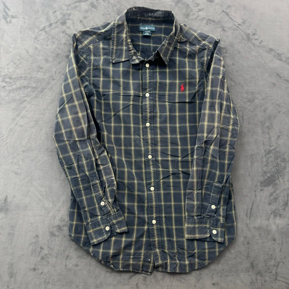 Ralph Lauren Boys XL 18-20 Plaid Button Down Shirt Navy Blue Yellow Red Pony
